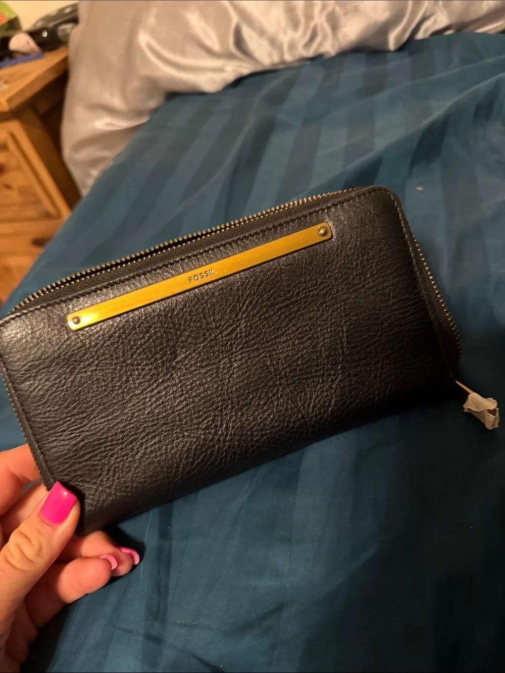 Fossil Black Leather Zip Wallet with Gold Accent Plate